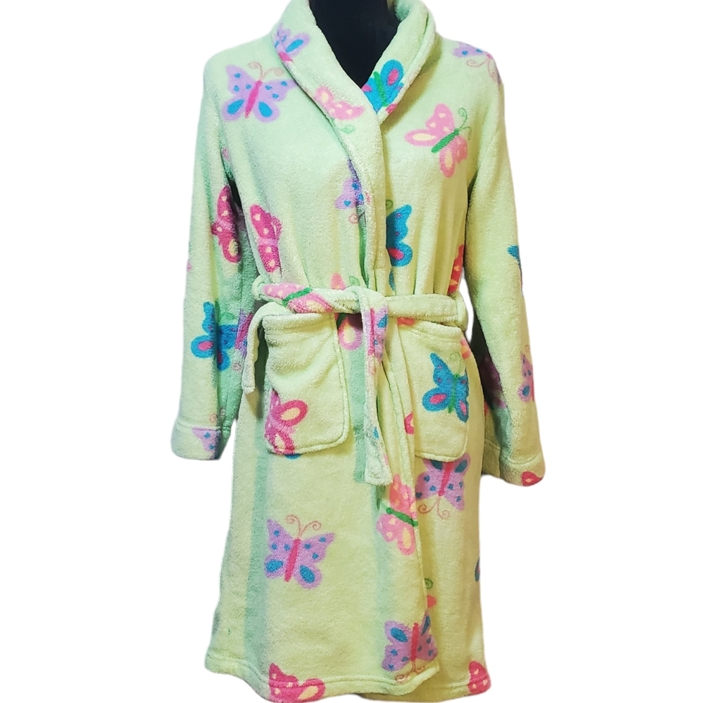 Kids soft plush robe long sleeve XL 14/16 Green with multicolored butterflies